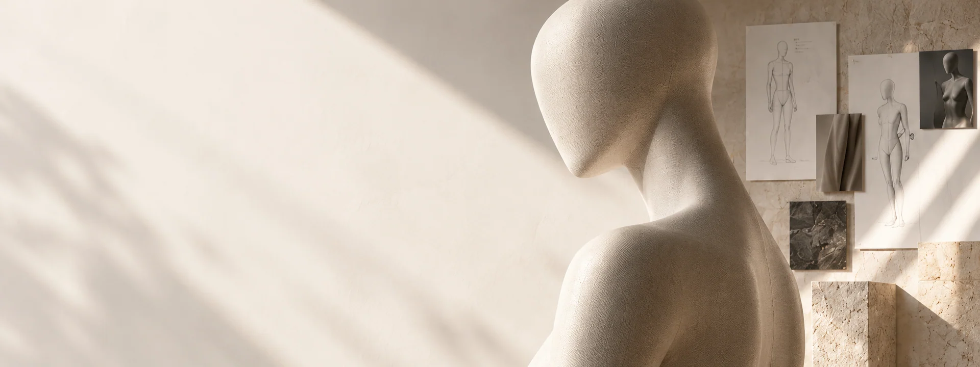 AI concept design study of a mannequin head with form sketches and material references